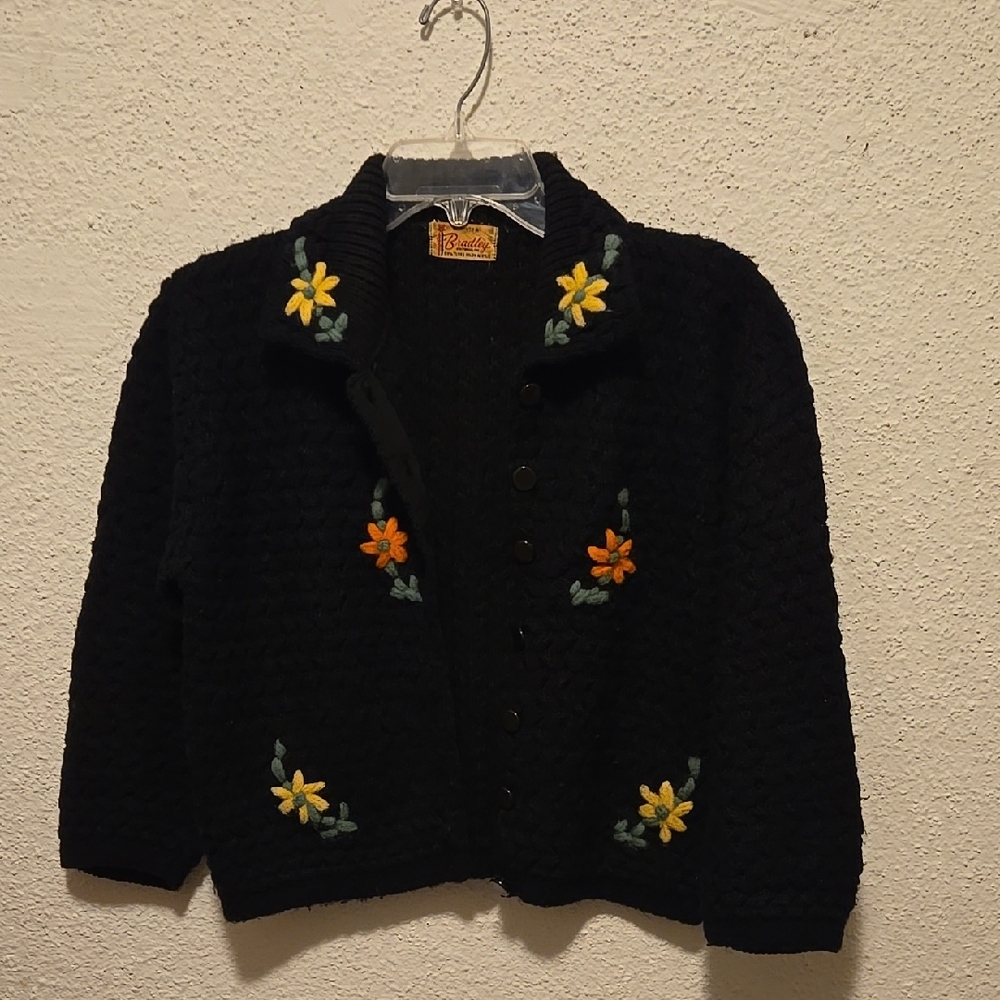 B11 Vintage Bradley Black Button Front Cardigan with Floral Embroidery